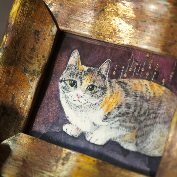 小さな原画「三毛猫ミーコ」イラスト・水彩画・ペン画・絵画・額入 3枚目の画像
