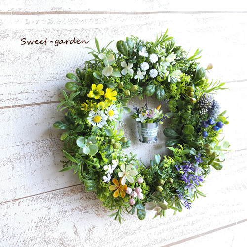 フラワーポットが可愛い野の花のリース（fw199）＊玄関ドアなど外にも