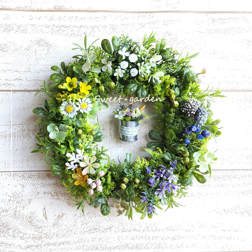フラワーポットが可愛い野の花のリース（fw199）＊玄関ドアなど外にも
