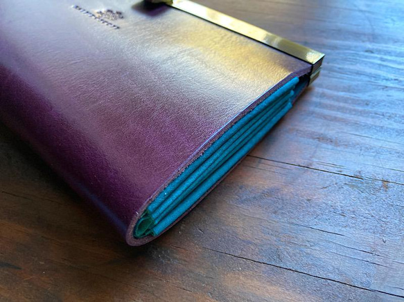 【受注製作◆製作期間約2ヶ月】長財布＊カード16枚収納「avanico」ルガトショルダー（バイオレット×ターコイズ） ヌメ革 ルガトショルダー 植物タンニン鞣し革 です