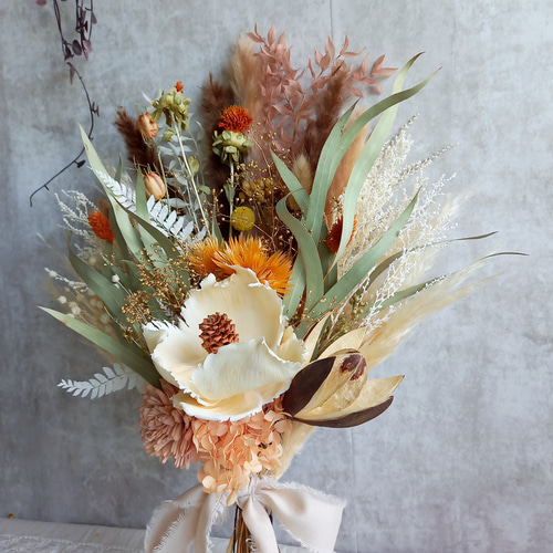 再販』パームフラワーのオレンジブラウン スワッグ✿ブーケ ドライ