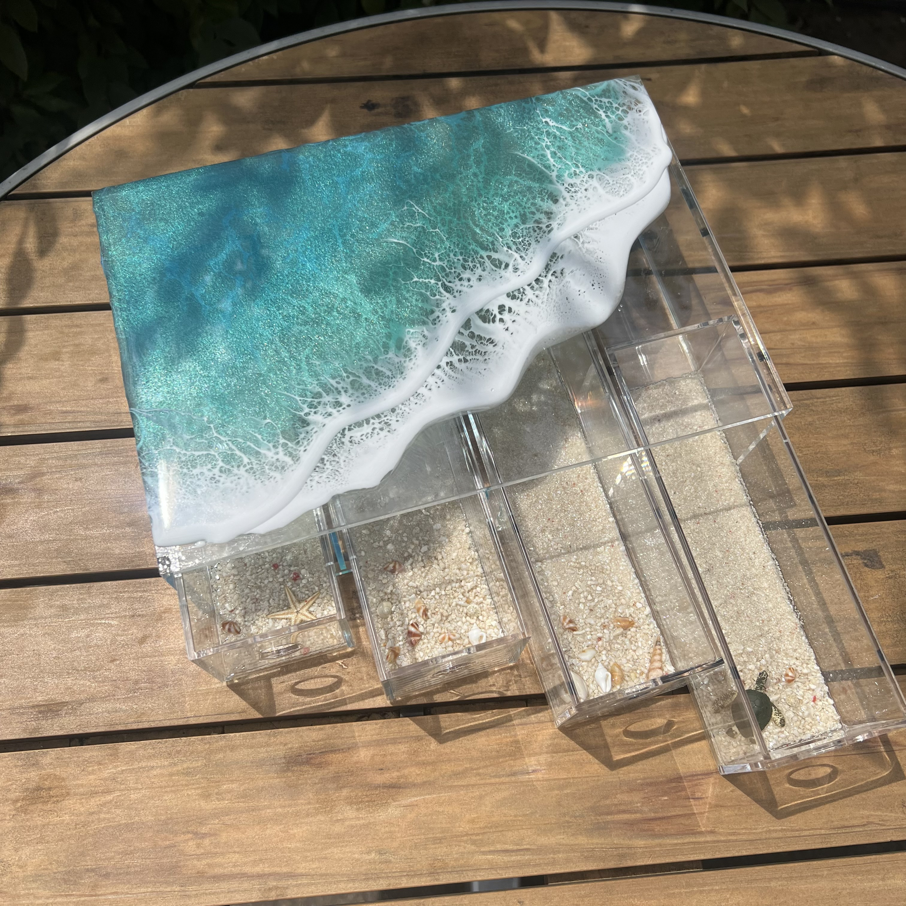 オーダー品 海辺のメガネケース　時計収納　珊瑚砂　レジンアート　エポキシ　波アート　沖縄　眼鏡　腕時計　ヨット　船 5,700円