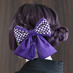 2way和柄リボン【市松-紫音-】◆ブローチ＆髪飾り 2枚目の画像