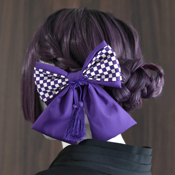 2way和柄リボン【市松-紫音-】◆ブローチ＆髪飾り 2枚目の画像