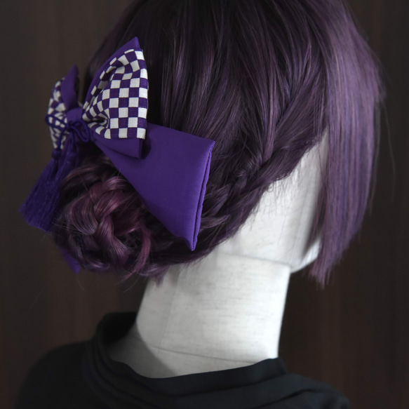 2way和柄リボン【市松-紫音-】◆ブローチ＆髪飾り 1枚目の画像