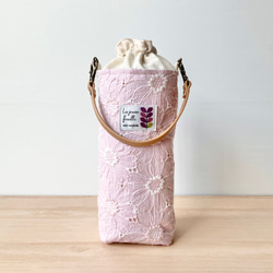 洗える！保冷保温★刺繍花のペットボトルカバー　モーヴピンク 夏 エンブロイダリー 1枚目の画像
