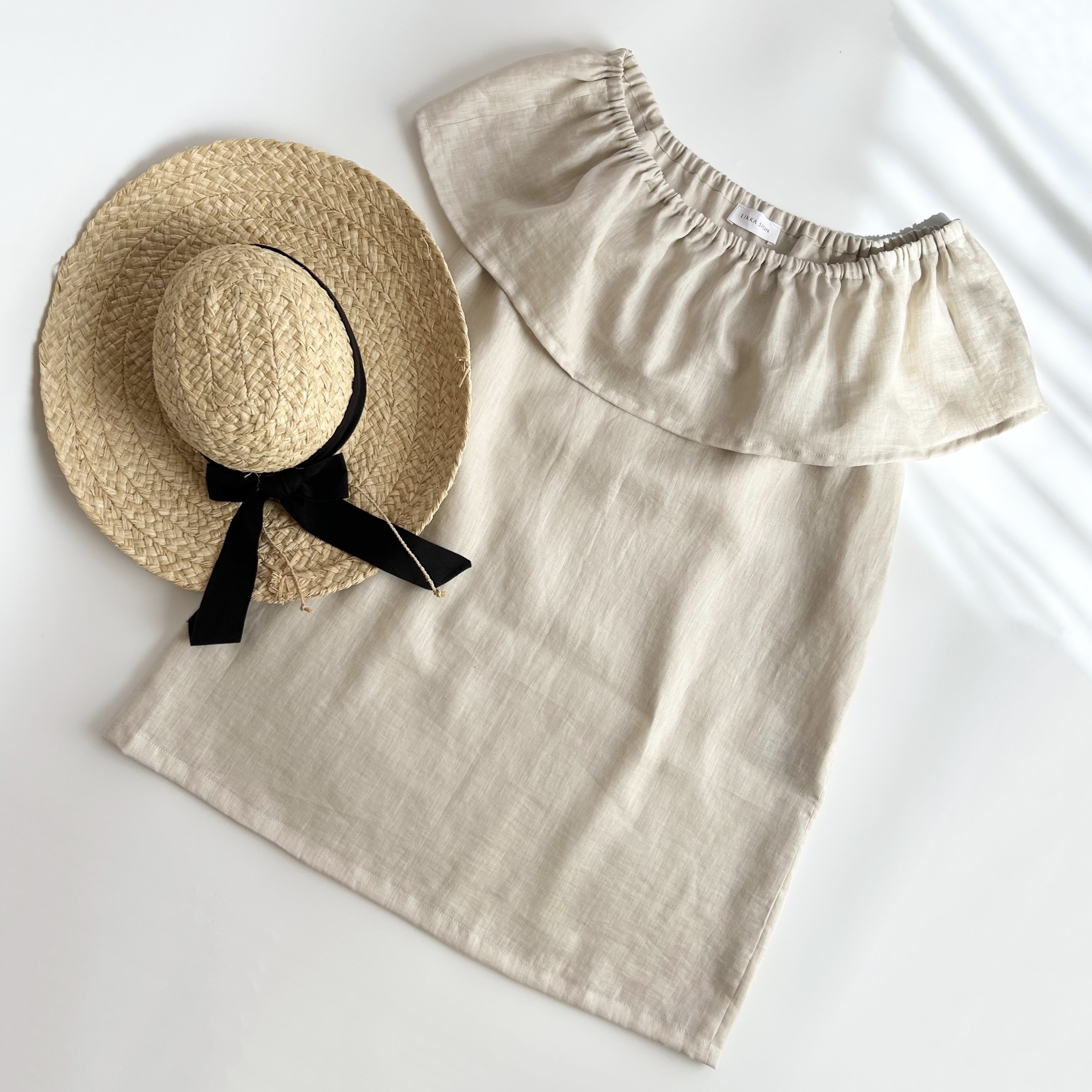 オランダ社高級リネン　オフショルダーミニドレス　ライトベージュ