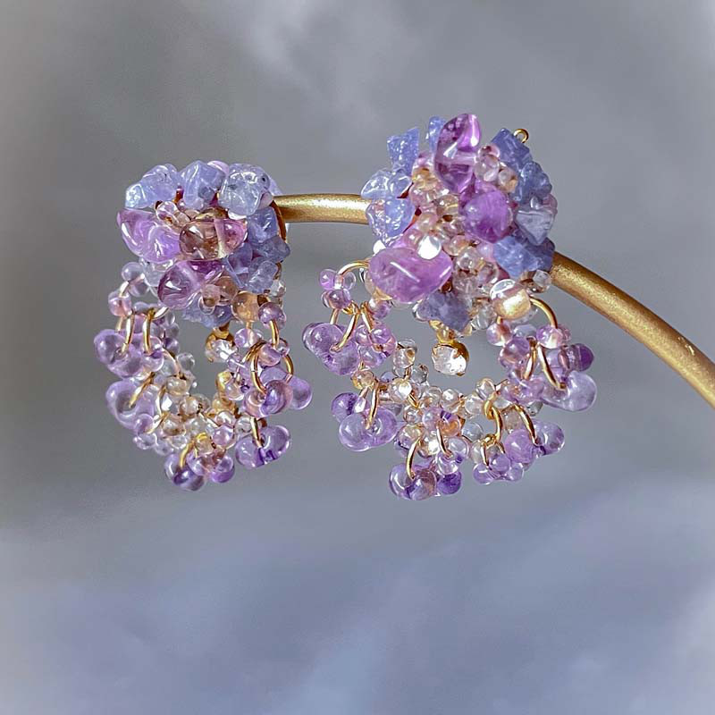 紫陽花 紫 天然石 ピアス・イヤリング 大ぶり イヤリング 揺れる つぶつぶ ビーズ イヤリング アレルギー