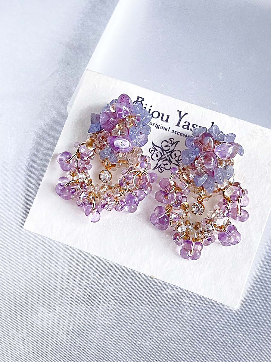 紫陽花 紫 天然石 ピアス・イヤリング 大ぶり イヤリング 揺れる つぶつぶ ビーズ イヤリング アレルギー