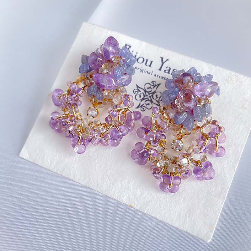 紫陽花 紫 天然石 ピアス・イヤリング 大ぶり イヤリング 揺れる つぶつぶ ビーズ イヤリング アレルギー