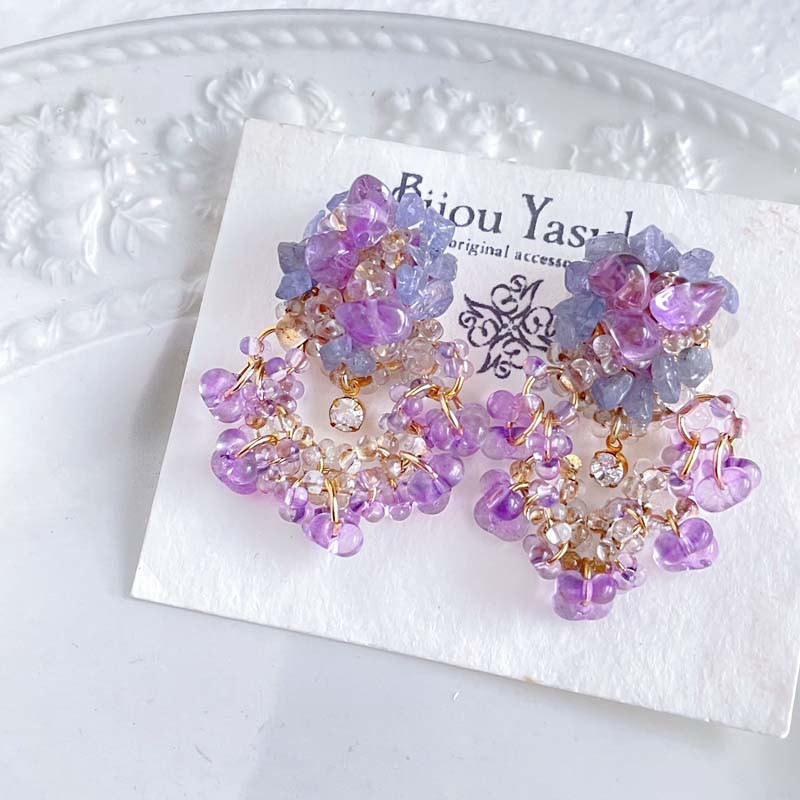 紫陽花 紫 天然石 ピアス・イヤリング 大ぶり イヤリング 揺れる つぶつぶ ビーズ イヤリング アレルギー