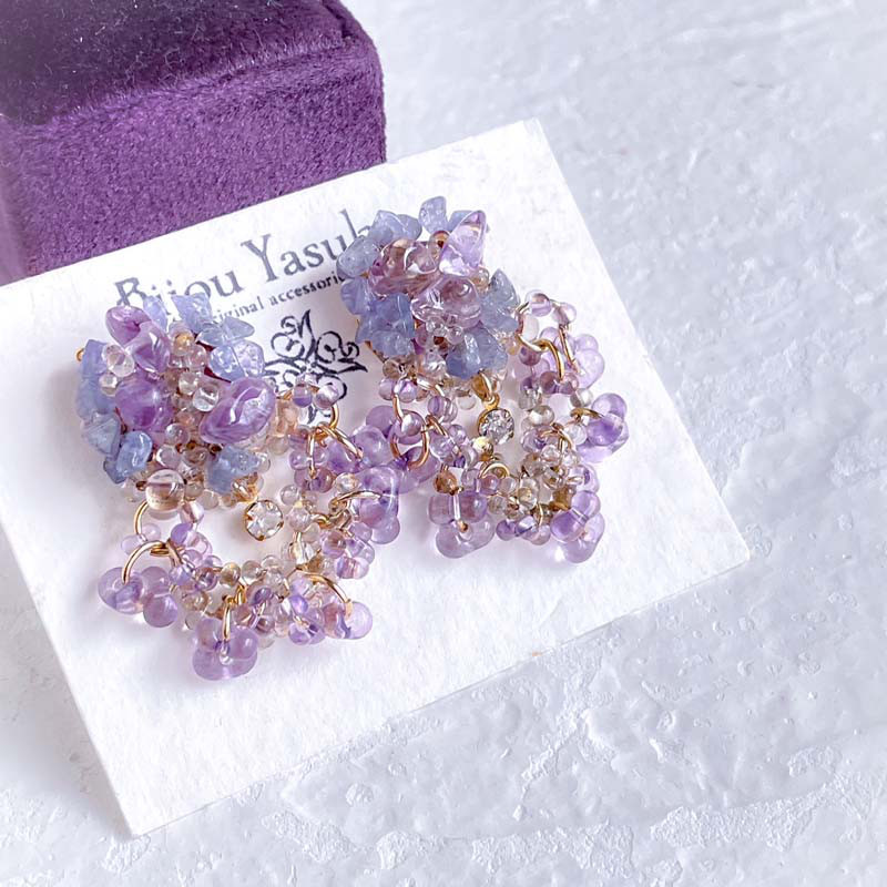 紫陽花 紫 天然石 ピアス・イヤリング 大ぶり イヤリング 揺れる つぶつぶ ビーズ イヤリング アレルギー