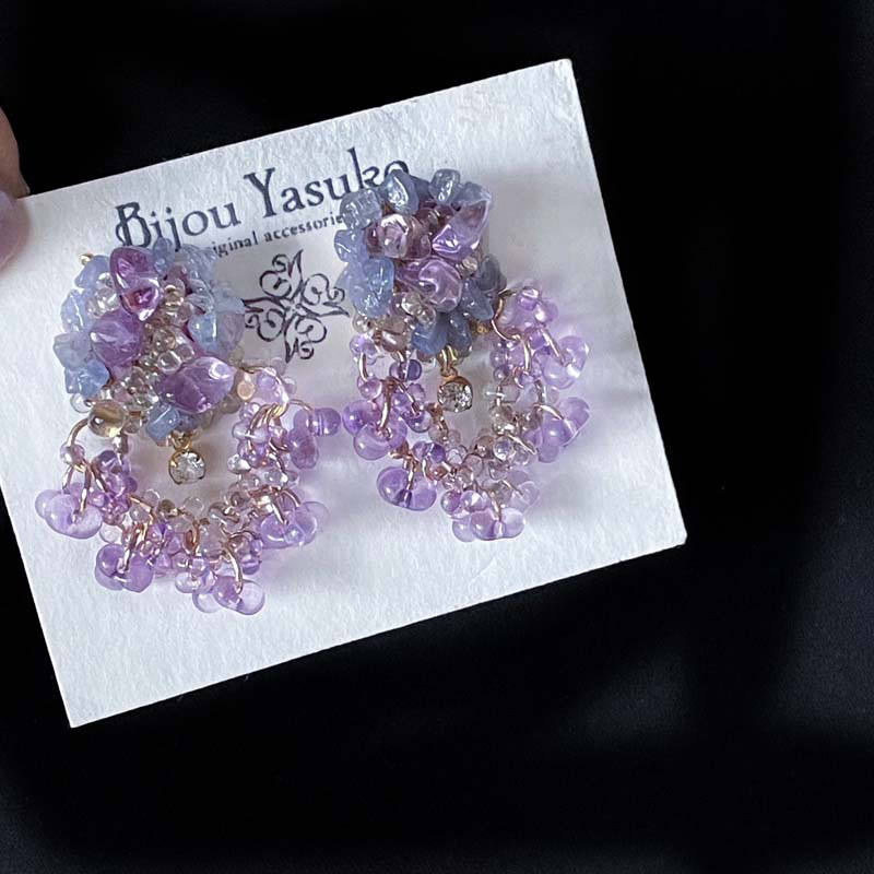 紫陽花 紫 天然石 ピアス・イヤリング 大ぶり イヤリング 揺れる つぶつぶ ビーズ イヤリング アレルギー