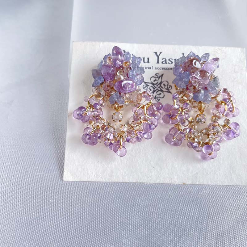 紫陽花 紫 天然石 ピアス・イヤリング 大ぶり イヤリング 揺れる つぶつぶ ビーズ イヤリング アレルギー