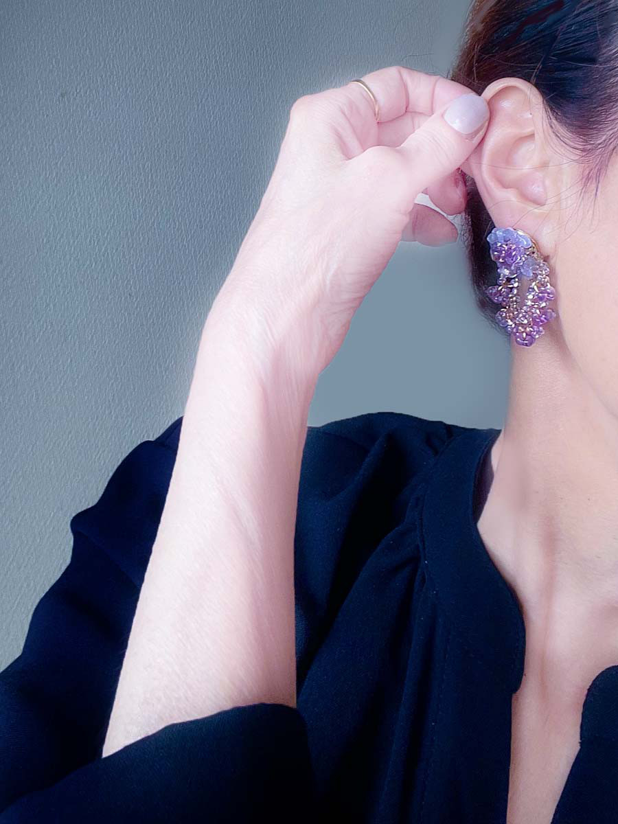 紫陽花 紫 天然石 ピアス・イヤリング 大ぶり イヤリング 揺れる つぶつぶ ビーズ イヤリング アレルギー