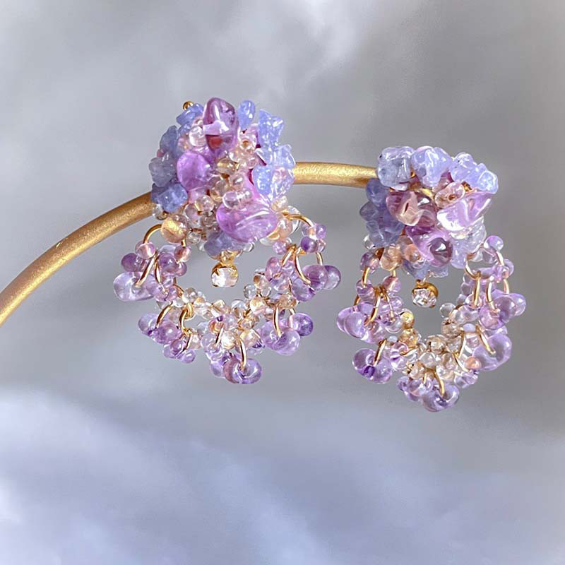 紫陽花 紫 天然石 ピアス・イヤリング 大ぶり イヤリング 揺れる つぶつぶ ビーズ イヤリング アレルギー