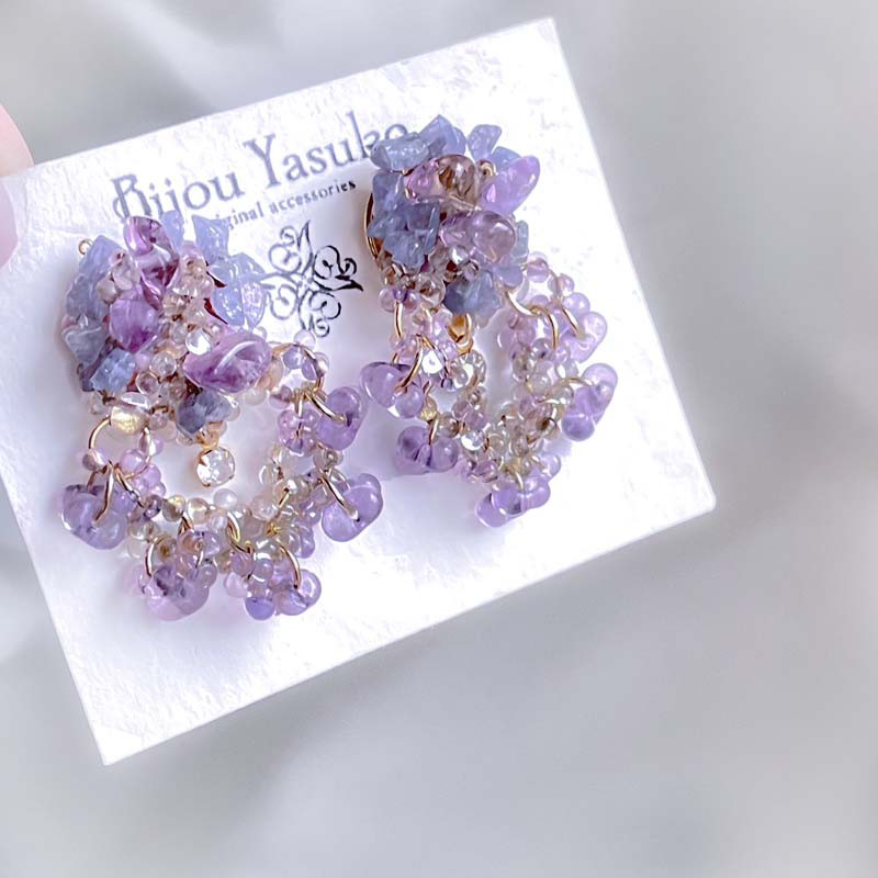 紫陽花 紫 天然石 ピアス・イヤリング 大ぶり イヤリング 揺れる つぶつぶ ビーズ イヤリング アレルギー