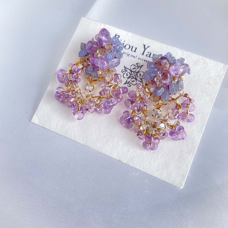 紫陽花 紫 天然石 ピアス・イヤリング 大ぶり イヤリング 揺れる つぶつぶ ビーズ イヤリング アレルギー