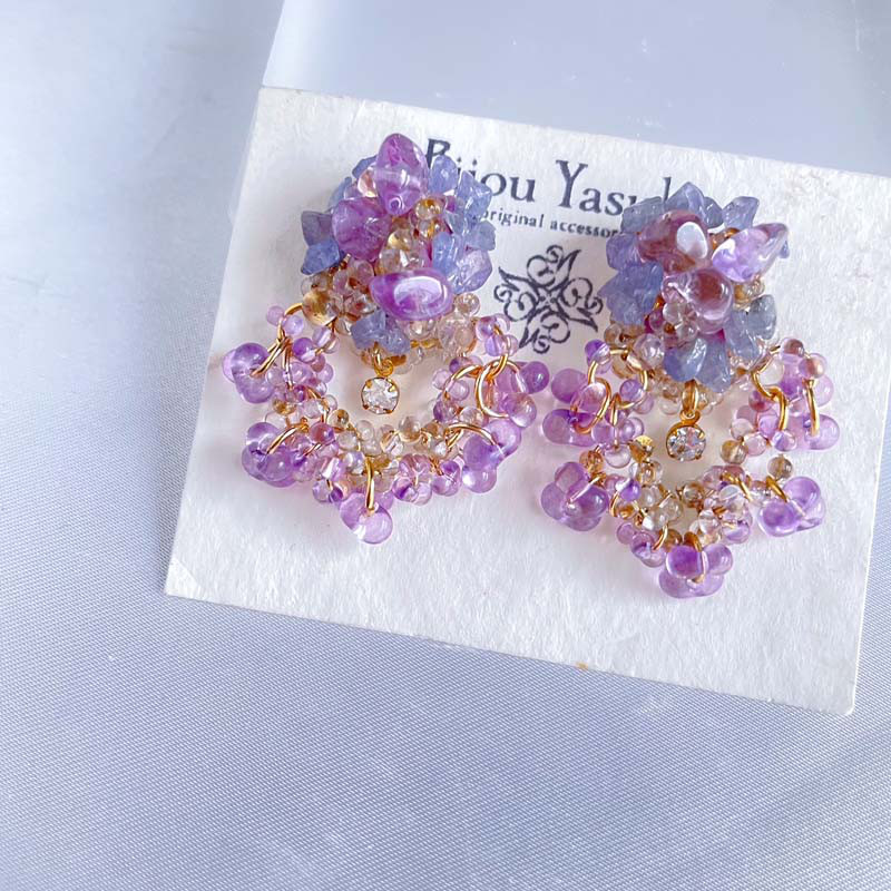 紫陽花 紫 天然石 ピアス・イヤリング 大ぶり イヤリング 揺れる つぶつぶ ビーズ イヤリング アレルギー