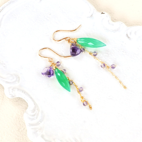 14kgf/グリーンオニキスデュードロップxアメジストピアス ピアス