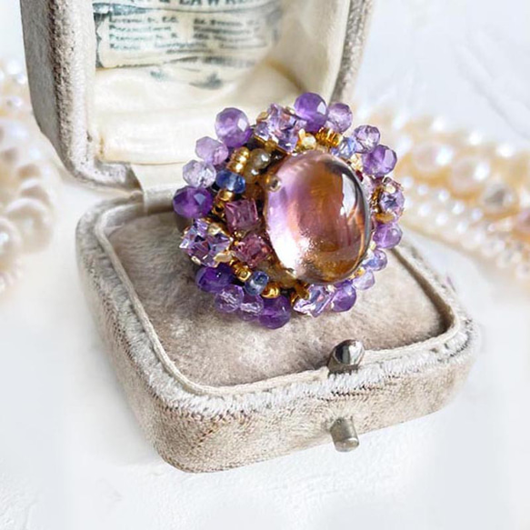 大號紫黃晶戒指（戒指）古董捲戒指寶石品質橢圓形凸圓形 AAA 珠戒指 第1張的照片