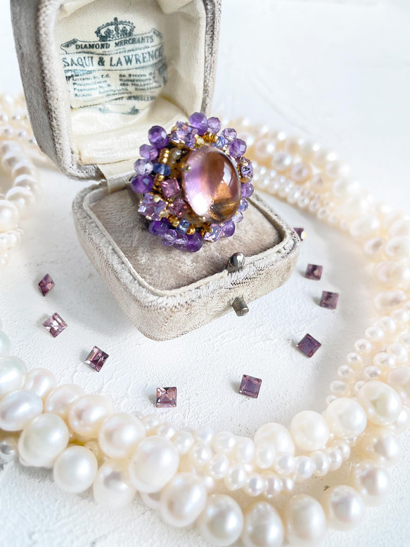 大號紫黃晶戒指（戒指）古董捲戒指寶石品質橢圓形凸圓形 AAA 珠戒指 第8張的照片