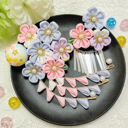 七五三 つまみ細工 髪飾り(水色 ピンク)銀ビラ 3才 7才 3歳 7歳 753