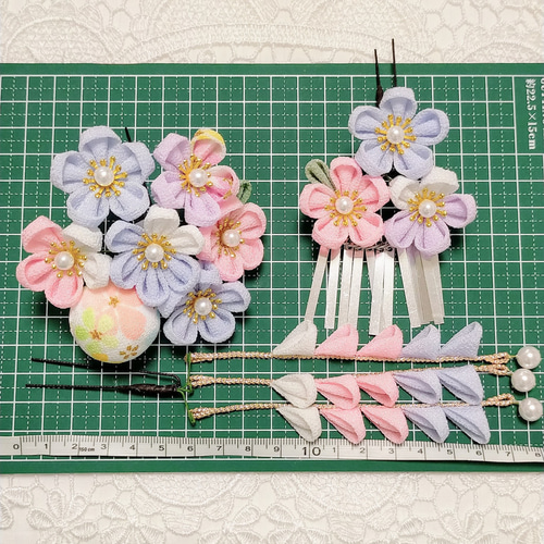 七五三 つまみ細工 髪飾り(水色 ピンク)銀ビラ 3才 7才 3歳 7歳 753