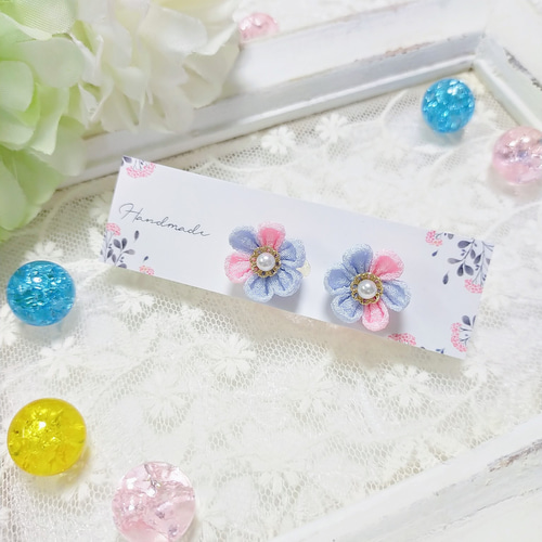 七五三 つまみ細工 髪飾り(水色 ピンク)銀ビラ 3才 7才 3歳 7歳 753