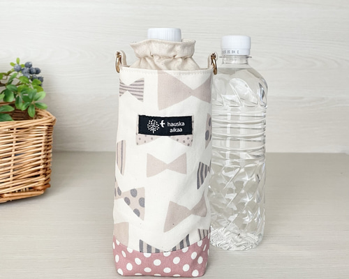 リボン柄水筒カバー　ショルダーセット ちょっと大人なリボン柄 保温保冷ペットボトルホルダー/ペットボト