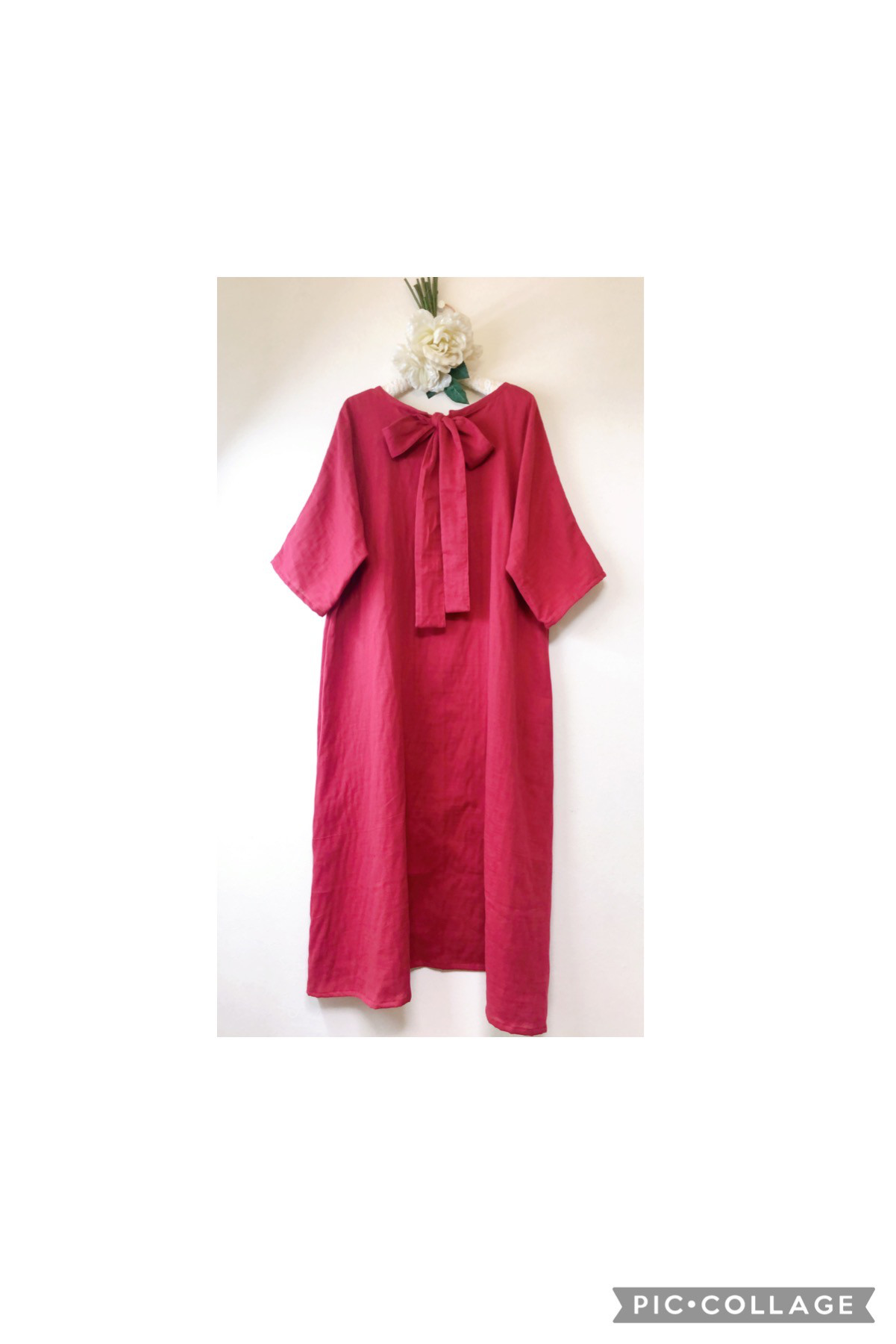 バックリボンのAラインワンピース★大人のWガーゼ★★着丈90cm★ガーネット★【カラー変更ok‼️】