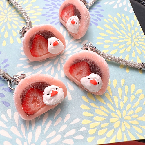 文鳥いちご大福の根付ストラップ 携帯ストラップ はらぺこ文鳥 通販