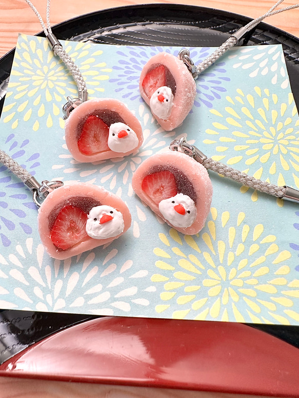 文鳥いちご大福の根付ストラップ 携帯ストラップ はらぺこ文鳥 通販