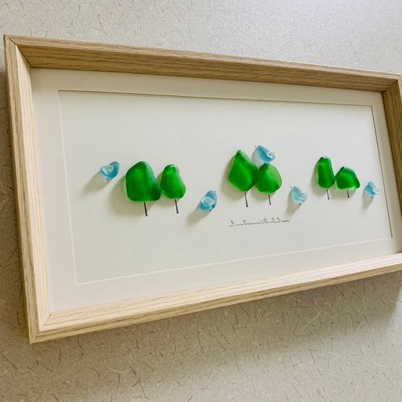 シーグラスアート 癒しの森 小鳥の世界 海の宝石 北欧 ガラス細工インテリア雑貨  観葉植物 大きいサイズ プレゼント 1枚目の画像