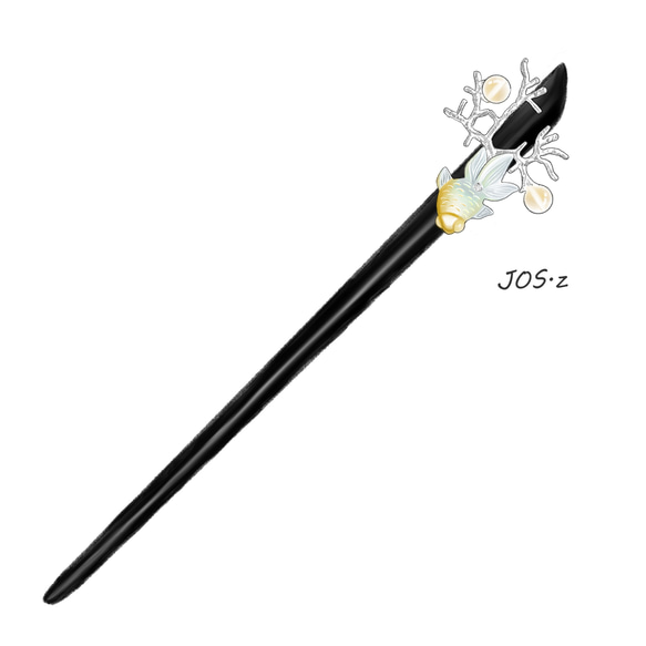 水草に乗る金魚 黄蝶貝細工と天然石シトリン 木製 かんざし 黒檀木 簪 髪飾り ヘアアクセサリー 3枚目の画像