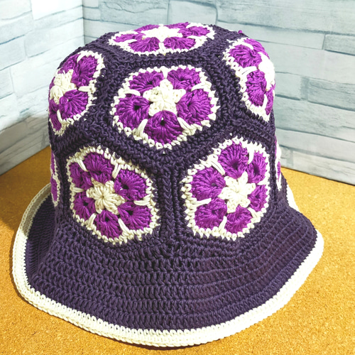 バケットハット ① モチーフ ニット帽 アフリカンフラワー かぎ編み