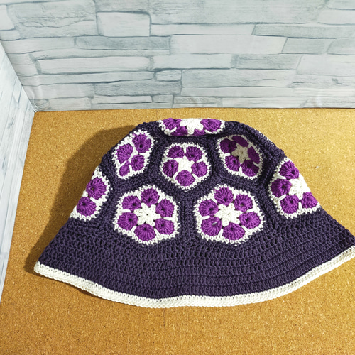 バケットハット ① モチーフ ニット帽 アフリカンフラワー かぎ編み