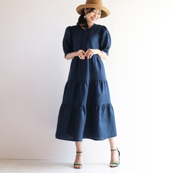 新品上市 [深海軍藍] 清涼 100% 亞麻層疊連身裙，袖子豐盈♥ 第7張的照片