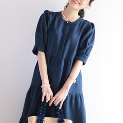 新品【深藍色】涼爽亞麻100%捲袖疊層洋裝♥ 第3張的照片