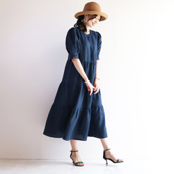 新品上市 [深海軍藍] 清涼 100% 亞麻層疊連身裙，袖子豐盈♥ 第5張的照片