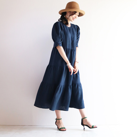 新品上市 [深海軍藍] 清涼 100% 亞麻層疊連身裙，袖子豐盈♥ 第5張的照片