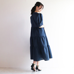 新品【深藍色】涼爽亞麻100%捲袖疊層洋裝♥ 第6張的照片