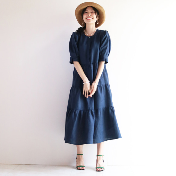 新品上市 [深海軍藍] 清涼 100% 亞麻層疊連身裙，袖子豐盈♥ 第2張的照片