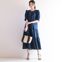 新品上市 [深海軍藍] 清涼 100% 亞麻層疊連身裙，袖子豐盈♥ 第4張的照片