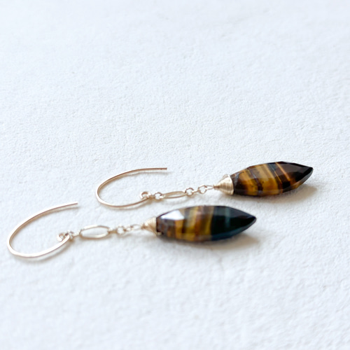 14kgf大粒ブルータイガーアイクオーツピアス♪ 14kgfピアス 世知辛い 