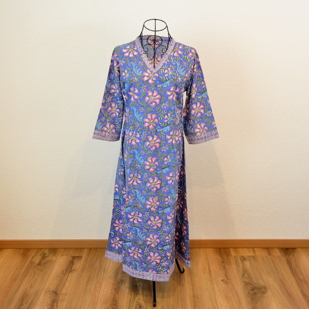 【ルームウェアにオススメ】　ブロックプリント　コットンワンピース