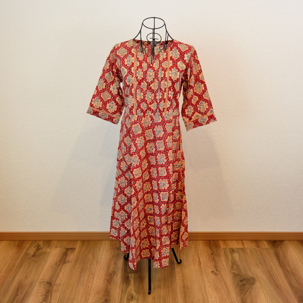 【ルームウェアにオススメ】　ブロックプリント　コットンワンピース