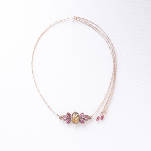 ルチルクォーツとガーネットのマクラメ編み 天然石ネックレス