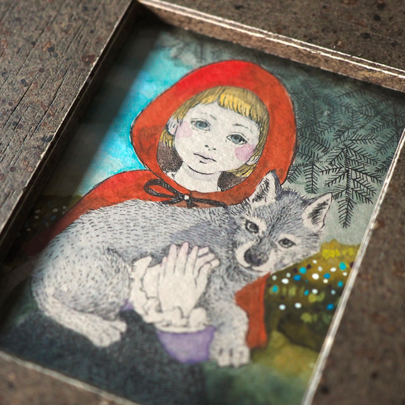 小さな原画「赤ずきんと狼の子」イラスト・水彩画・ペン画・絵画・額入 1枚目の画像