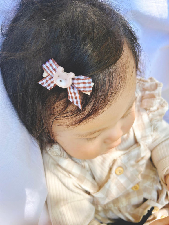 くまさんギンガムチェックベビーヘアピンキッズ 4枚目の画像